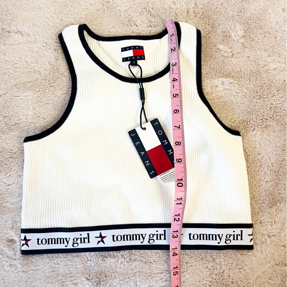 Tommy Hilfiger Tommy Girl White Ribbed Crop Tank with Black Trim - Picture 4 of 11